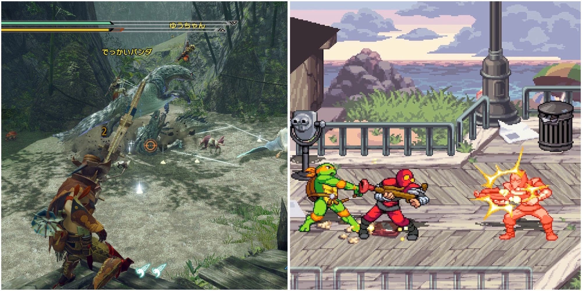 fighting enemies in monster hunter rise and teenage mutant ninja turtles shredder s revenge