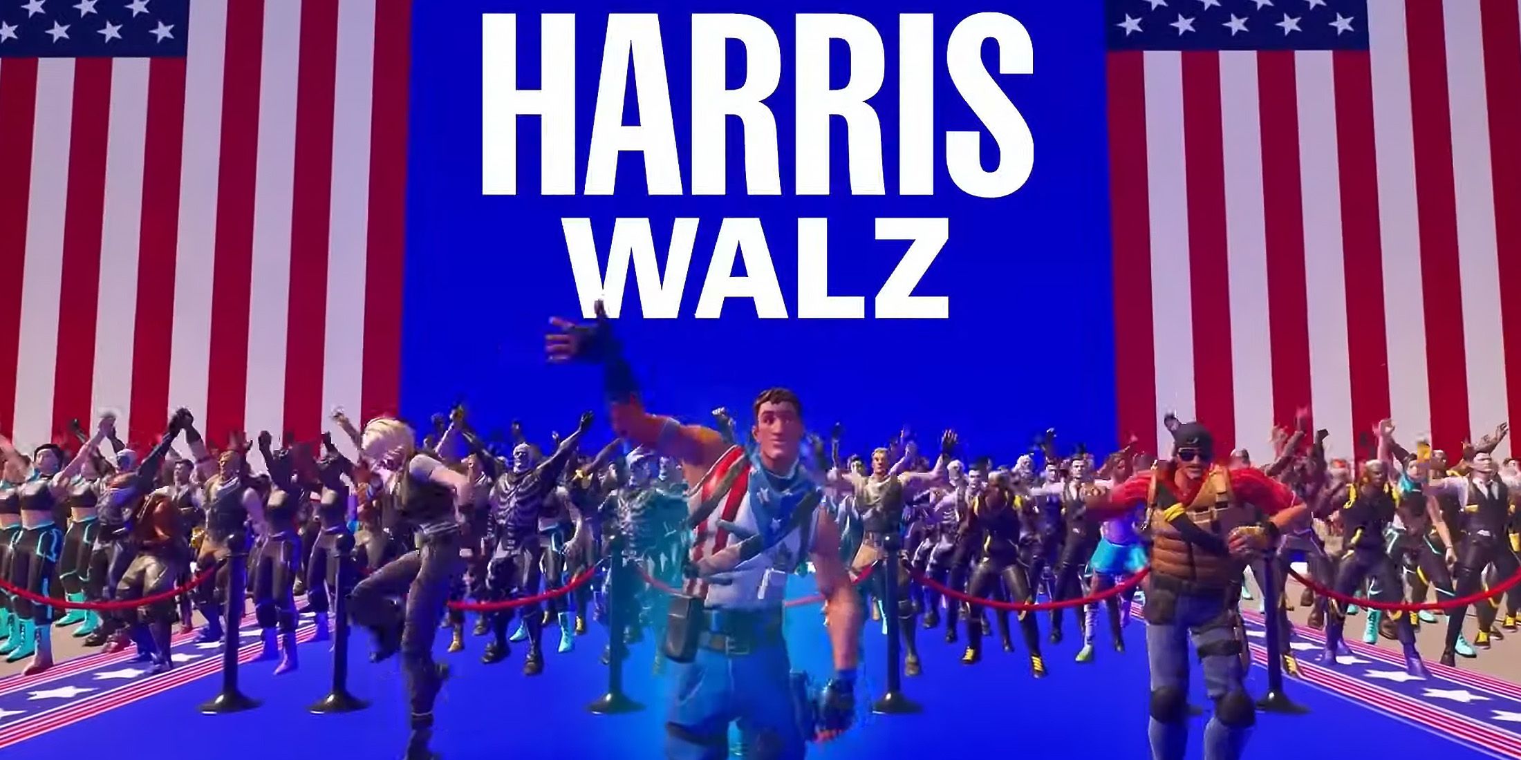 kamala harris tim walz fortnite map trailer still waving in front of us flag mp4