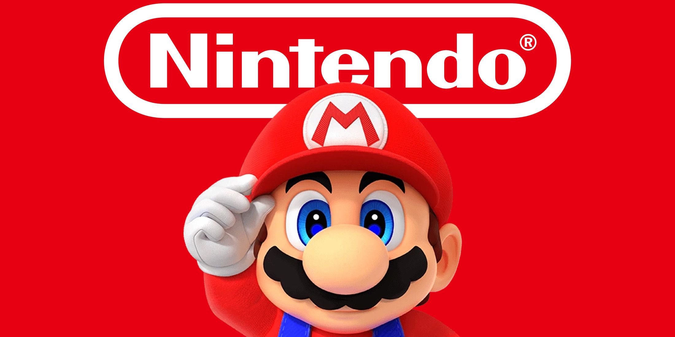 mario holding his hat while looking straight below white nintendo logo on red background