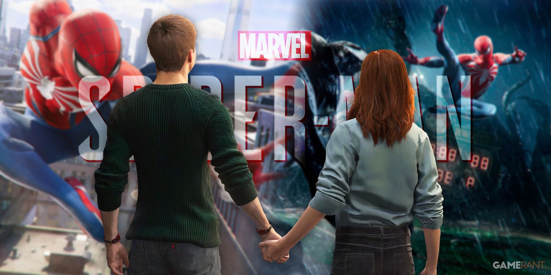 peter parker and mary jane holding hands in front of pictures of marvel s spider man 1