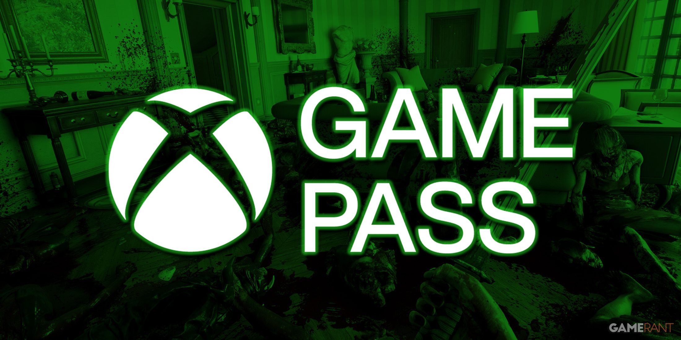 white xbox game pass logo over green tinted dead island 2 promo gameplay screenshot