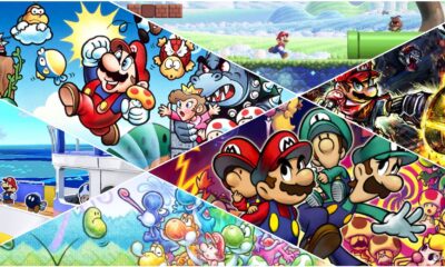 a collage of various key art key stills from the super mario bros wonder mario strikers new super ma