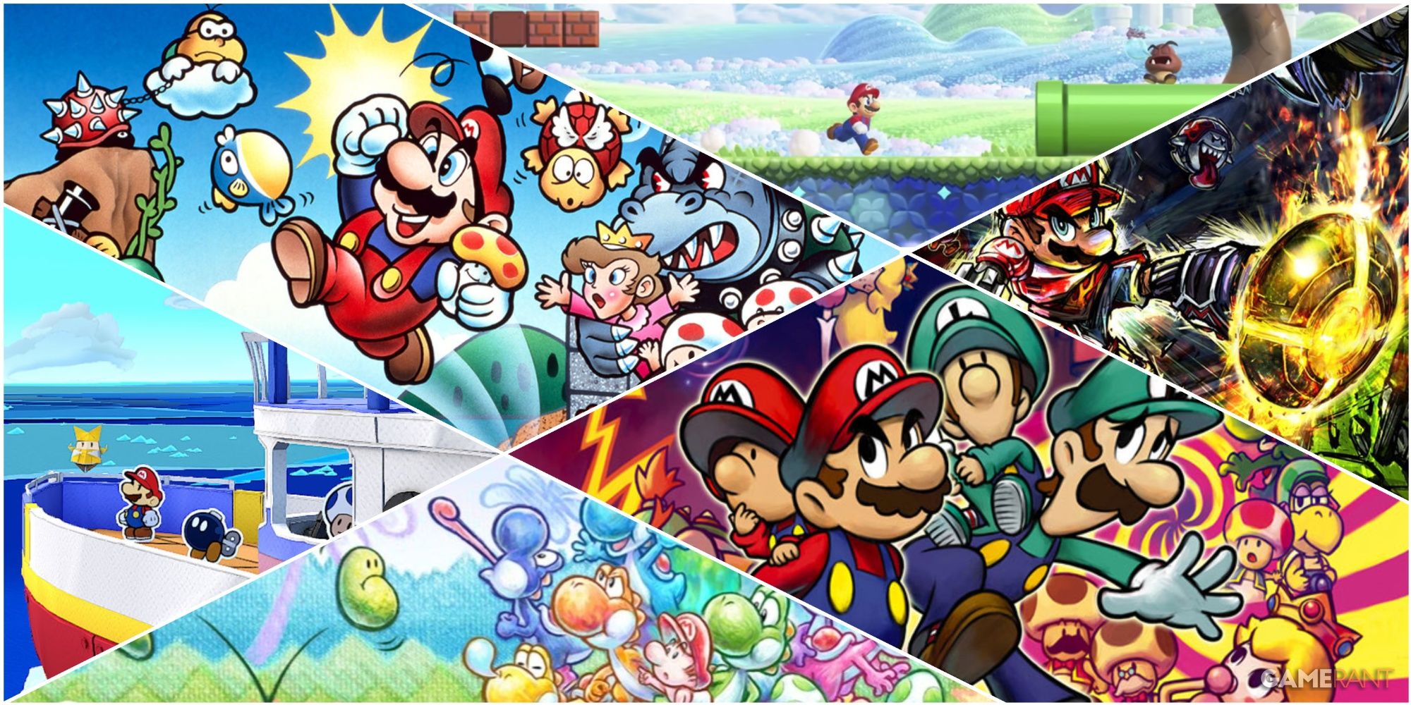 a collage of various key art key stills from the super mario bros wonder mario strikers new super ma