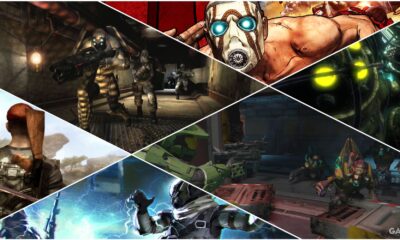 a collage showing key art key frames showing enemies from borderlands f e a r bioshock far cry 2 hal