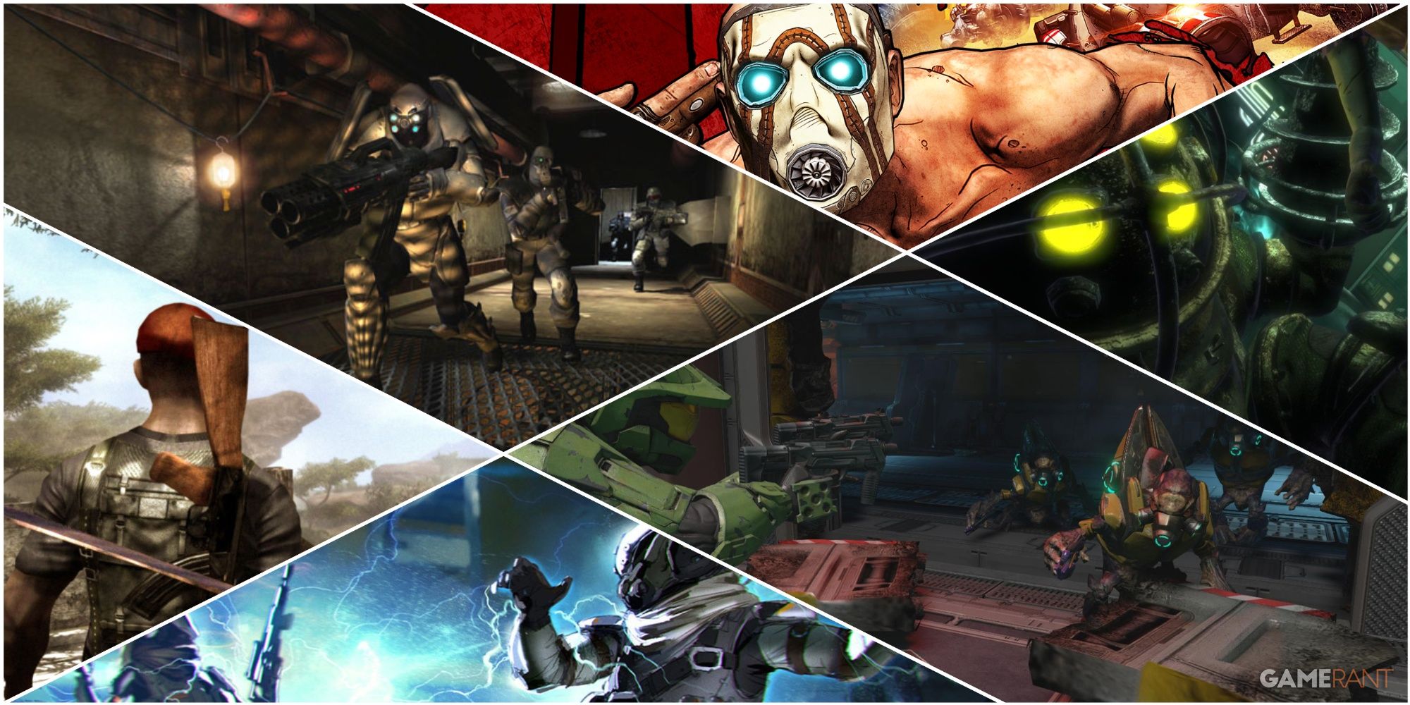 a collage showing key art key frames showing enemies from borderlands f e a r bioshock far cry 2 hal