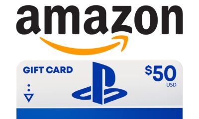 amazon logo over playstation store gift card on white background 2x1 composite