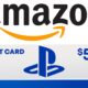 amazon logo over playstation store gift card on white background 2x1 composite