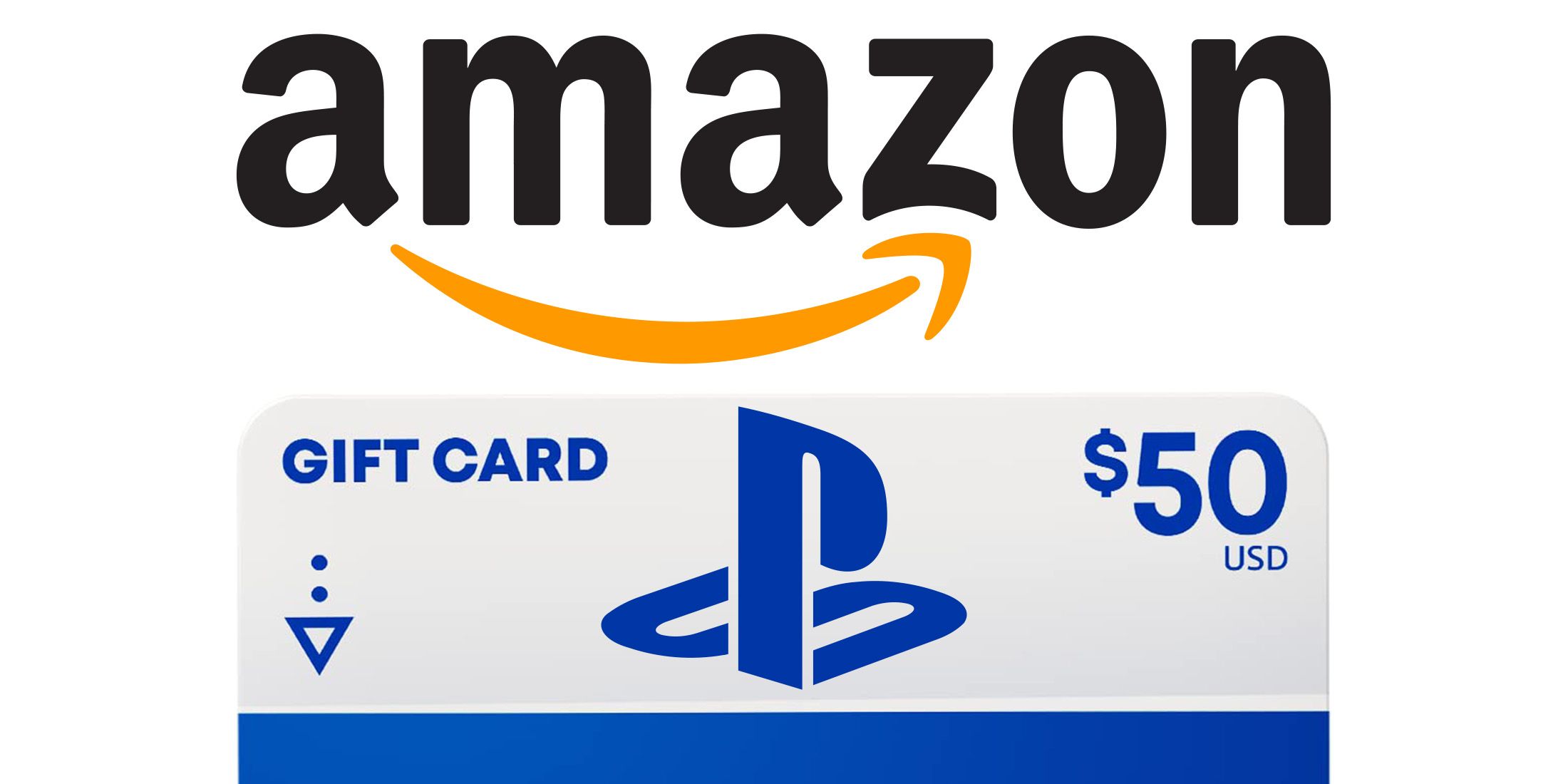 amazon logo over playstation store gift card on white background 2x1 composite