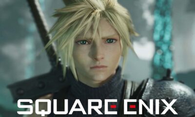 cloud strife looking at camera in final fantasy 7 rebirth behind white square enix logo 2x1 composit