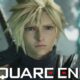 cloud strife looking at camera in final fantasy 7 rebirth behind white square enix logo 2x1 composit