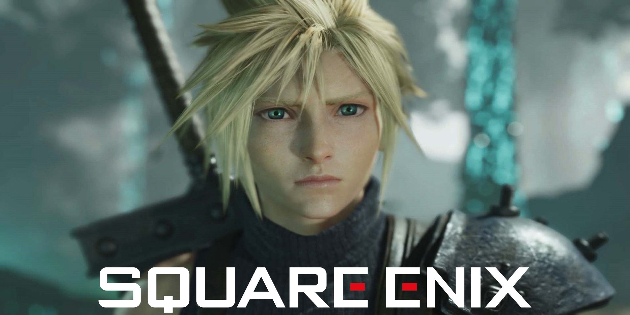 cloud strife looking at camera in final fantasy 7 rebirth behind white square enix logo 2x1 composit