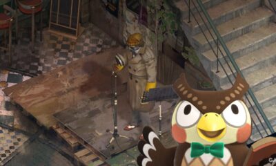 disco elysium karaoke with surprised looking blathers from animal crossing new horizons 2x1 composit