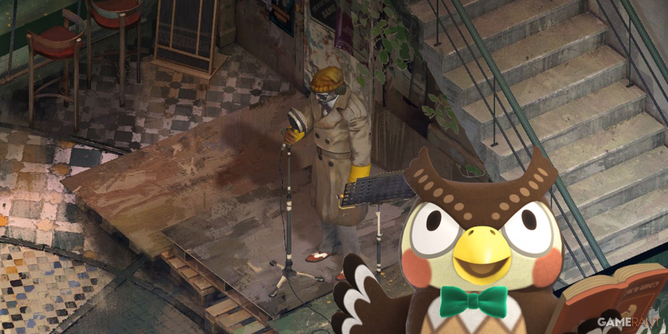 disco elysium karaoke with surprised looking blathers from animal crossing new horizons 2x1 composit