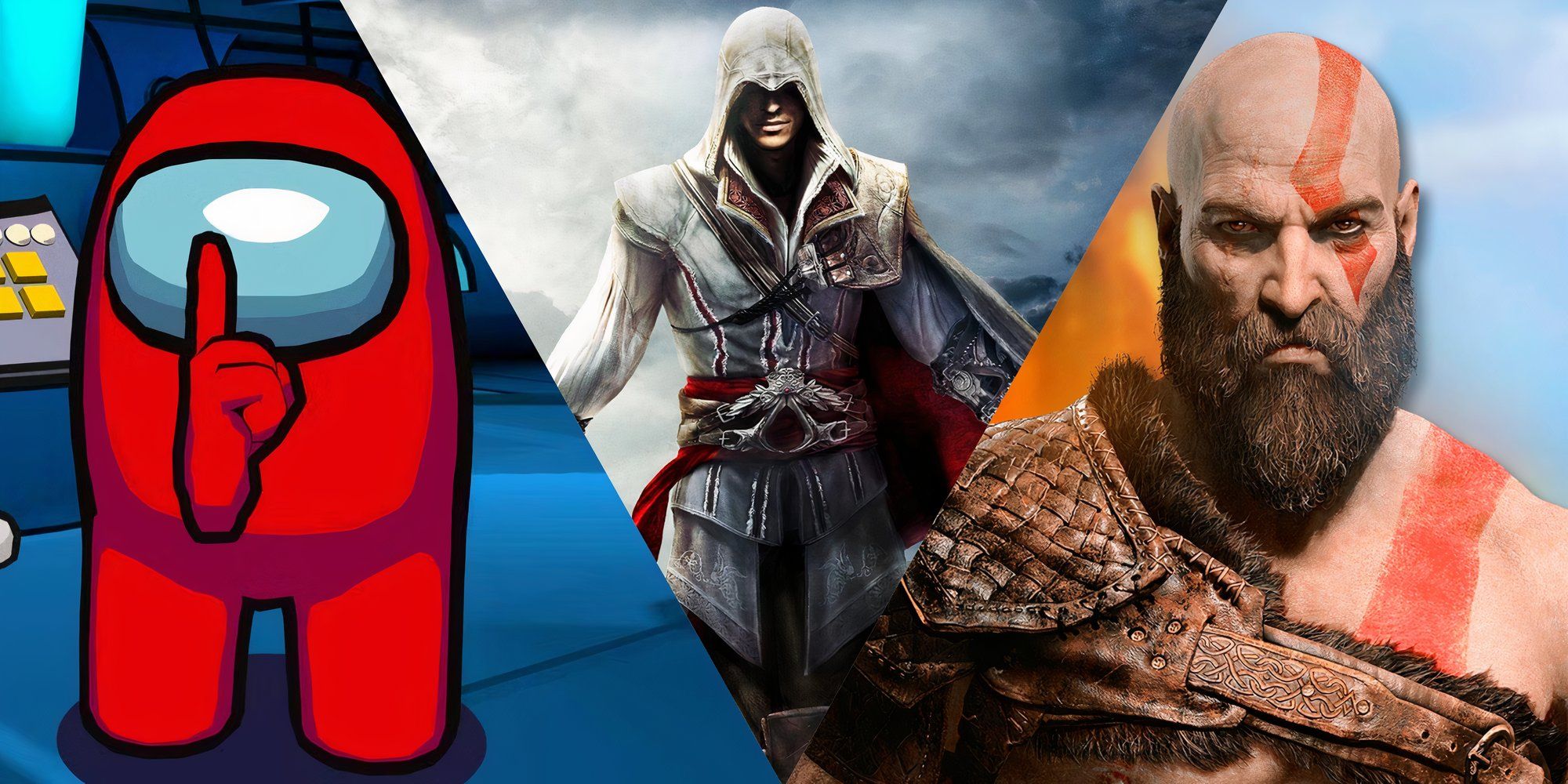 red from among us ezio auditore from assassin s creed and kratos from god of war