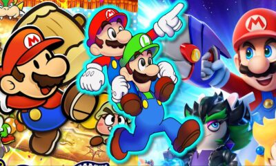 split image of paper mario the thousand year door mario and luigi brothership and mario rabbids spar