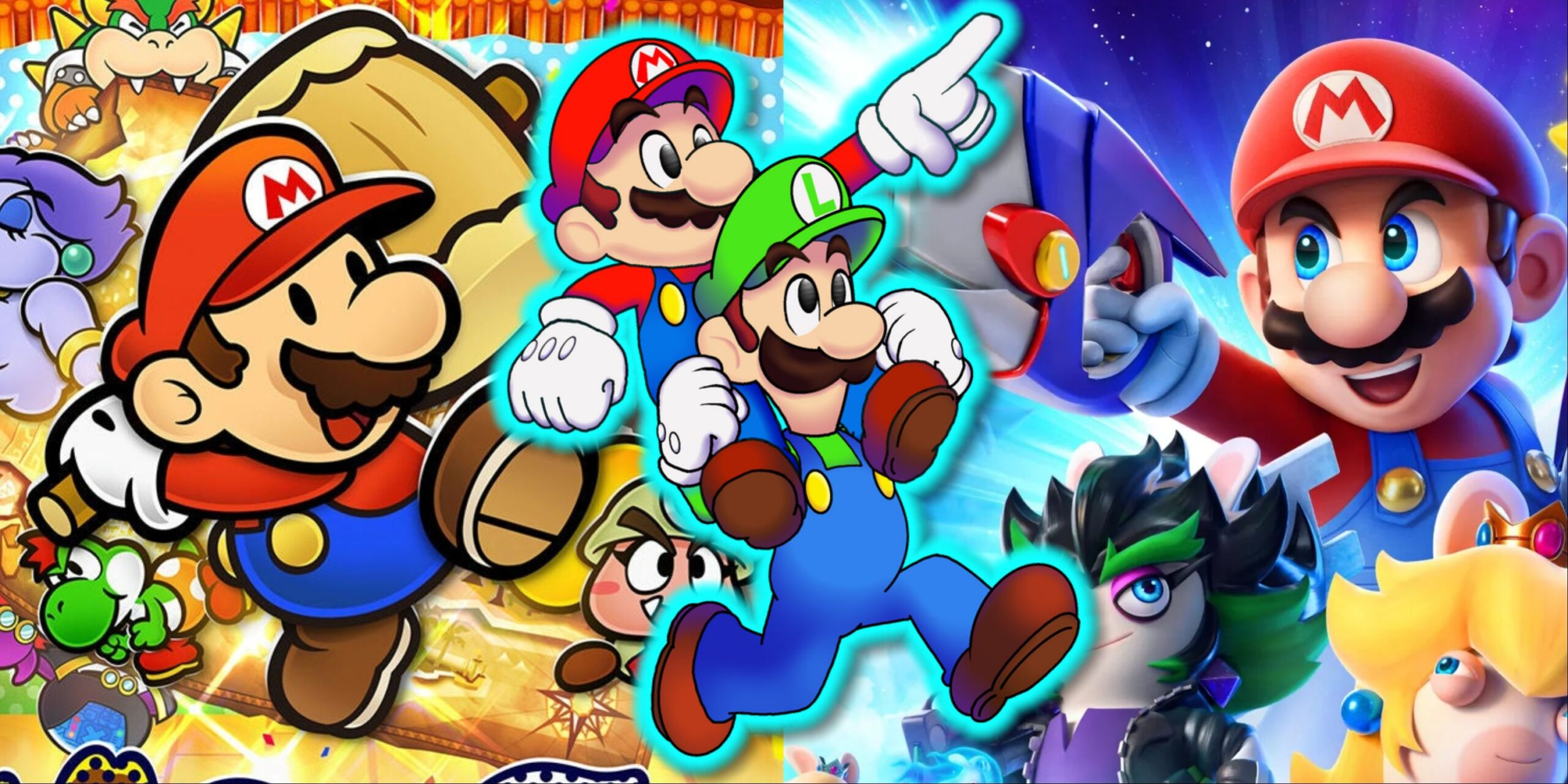 split image of paper mario the thousand year door mario and luigi brothership and mario rabbids spar scaled