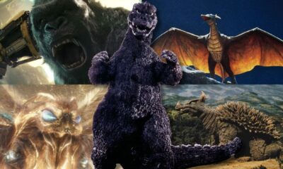 a collage of godzilla alongside some of his most trustworthy friends allies kong rodan mothra and a