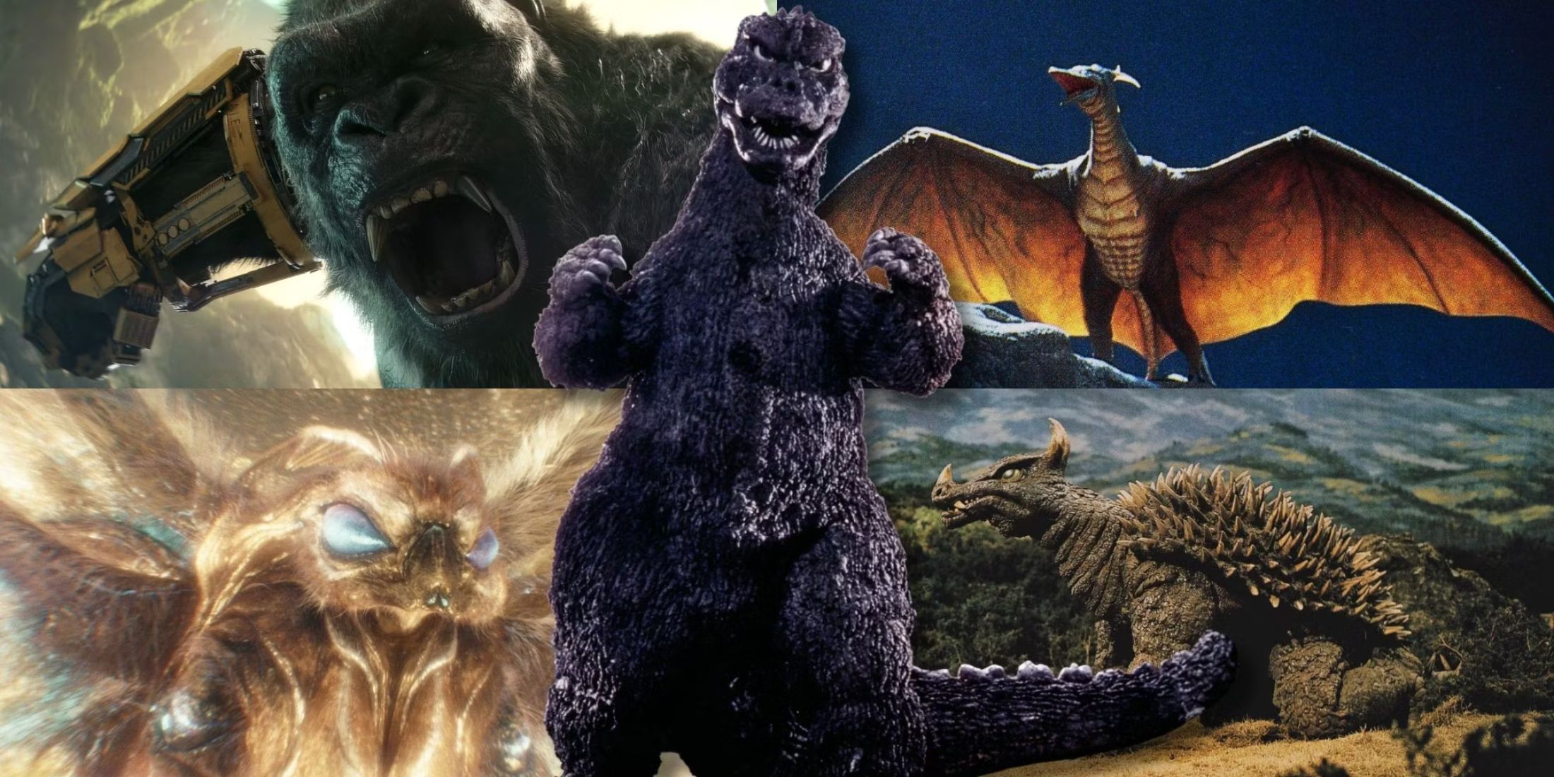 a collage of godzilla alongside some of his most trustworthy friends allies kong rodan mothra and a