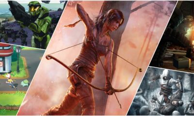 a collage of key art key frames from tomb raider dead space assassin s creed halo combat evolved pok