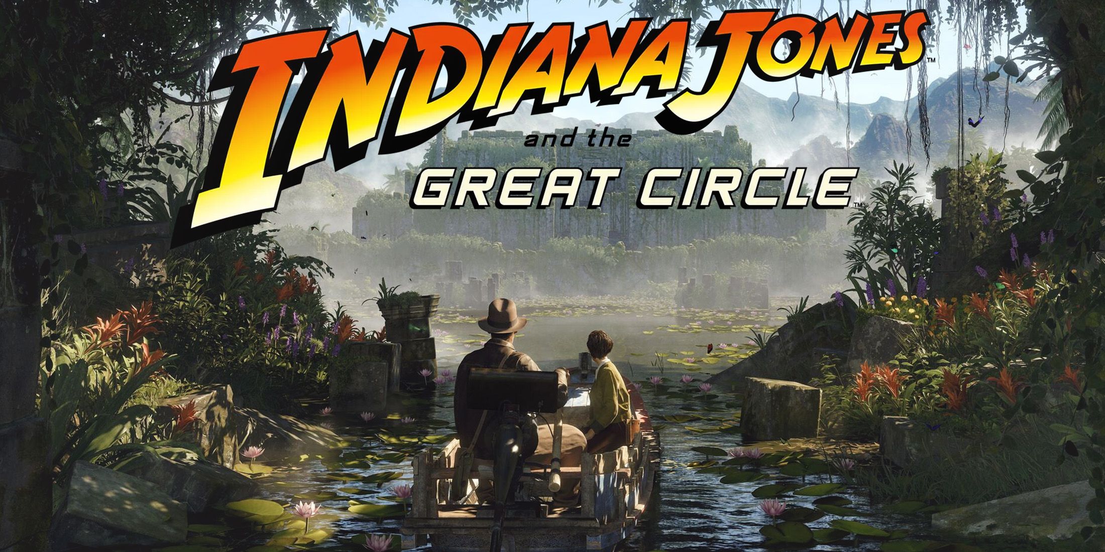 indiana jones and the great circle boat on river key art with game logo 2x1 composite