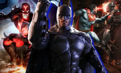 split image of dc universe online batman arkham origins and injustice 2