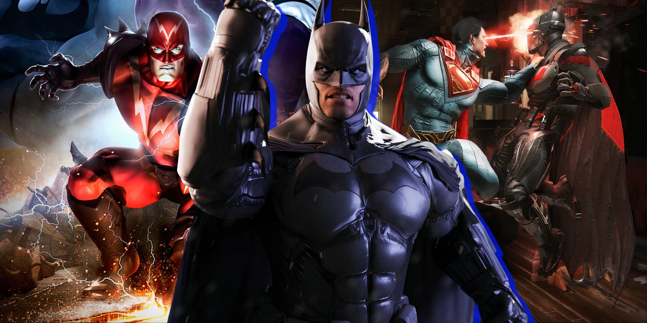 split image of dc universe online batman arkham origins and injustice 2 scaled