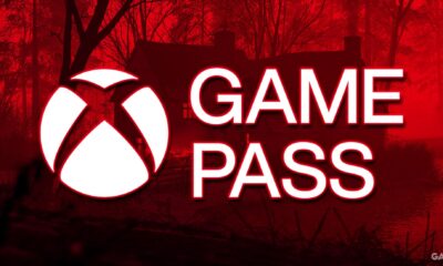 xbox game pass logo over red tinted forza horizon 4 lake house driveway promo screenshot