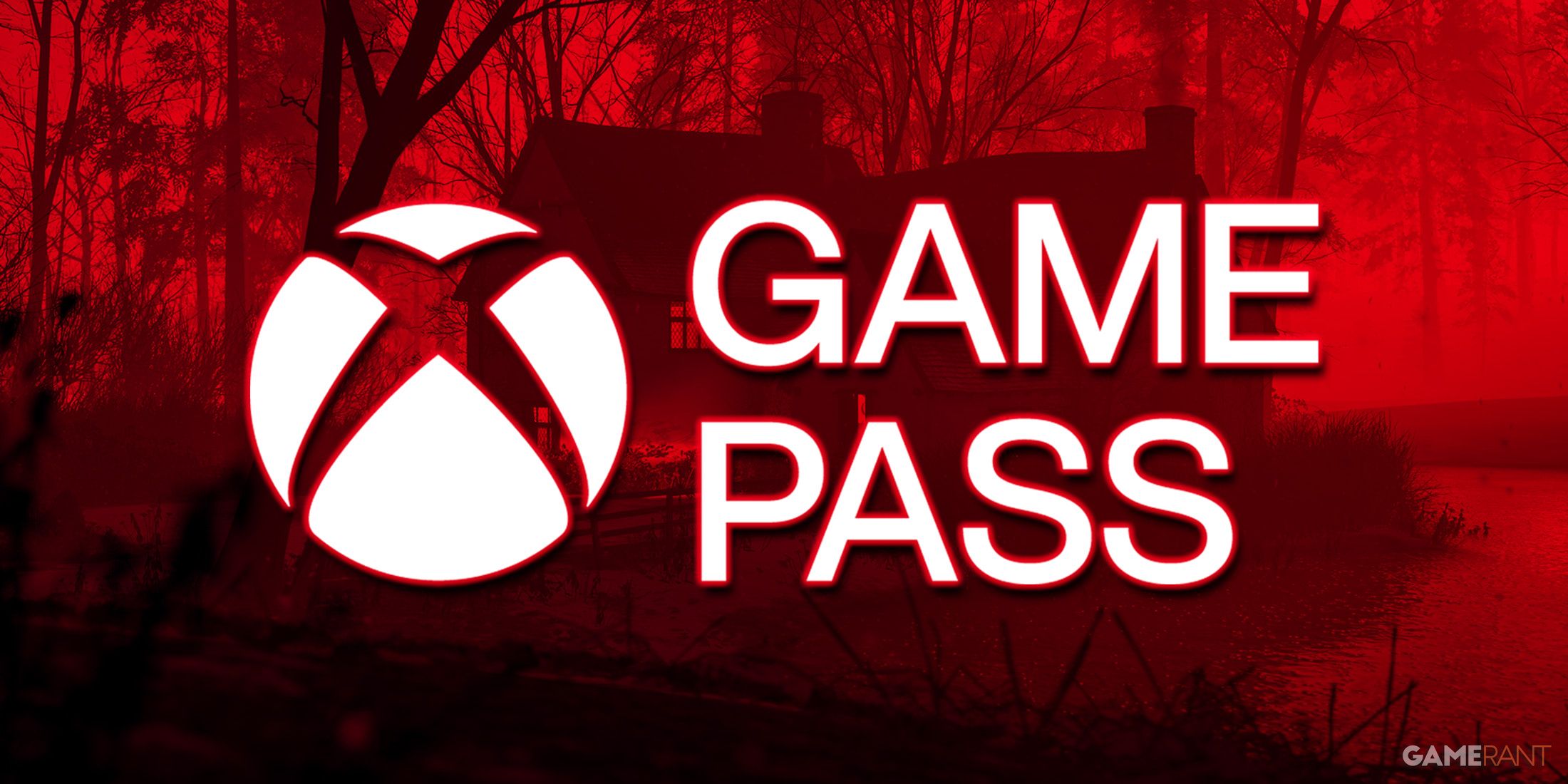 xbox game pass logo over red tinted forza horizon 4 lake house driveway promo screenshot