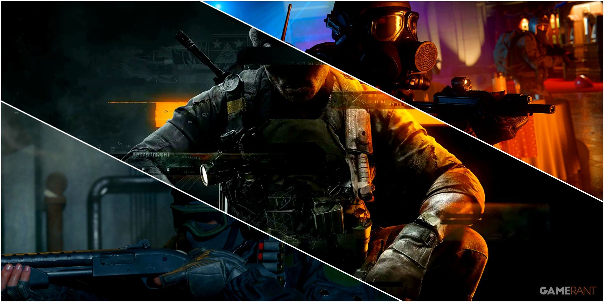 a collage of key art showing a soldiers wielding both a shotgun a submachine gun alongside key cover