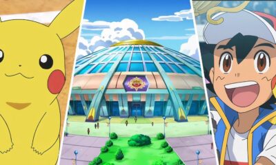 a split image of ash pickachu and stadium from pokemon world