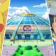 a split image of ash pickachu and stadium from pokemon world