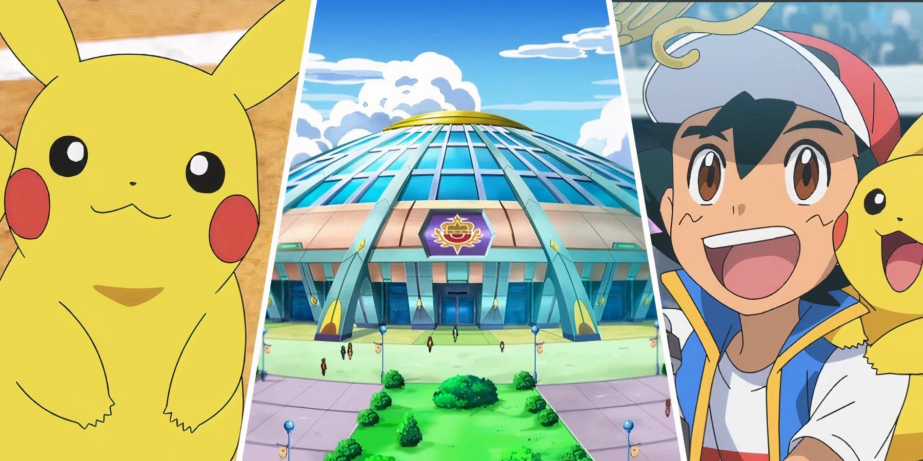 a split image of ash pickachu and stadium from pokemon world