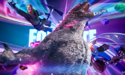 fortnite logo with godzilla jonesy and rocket league octane