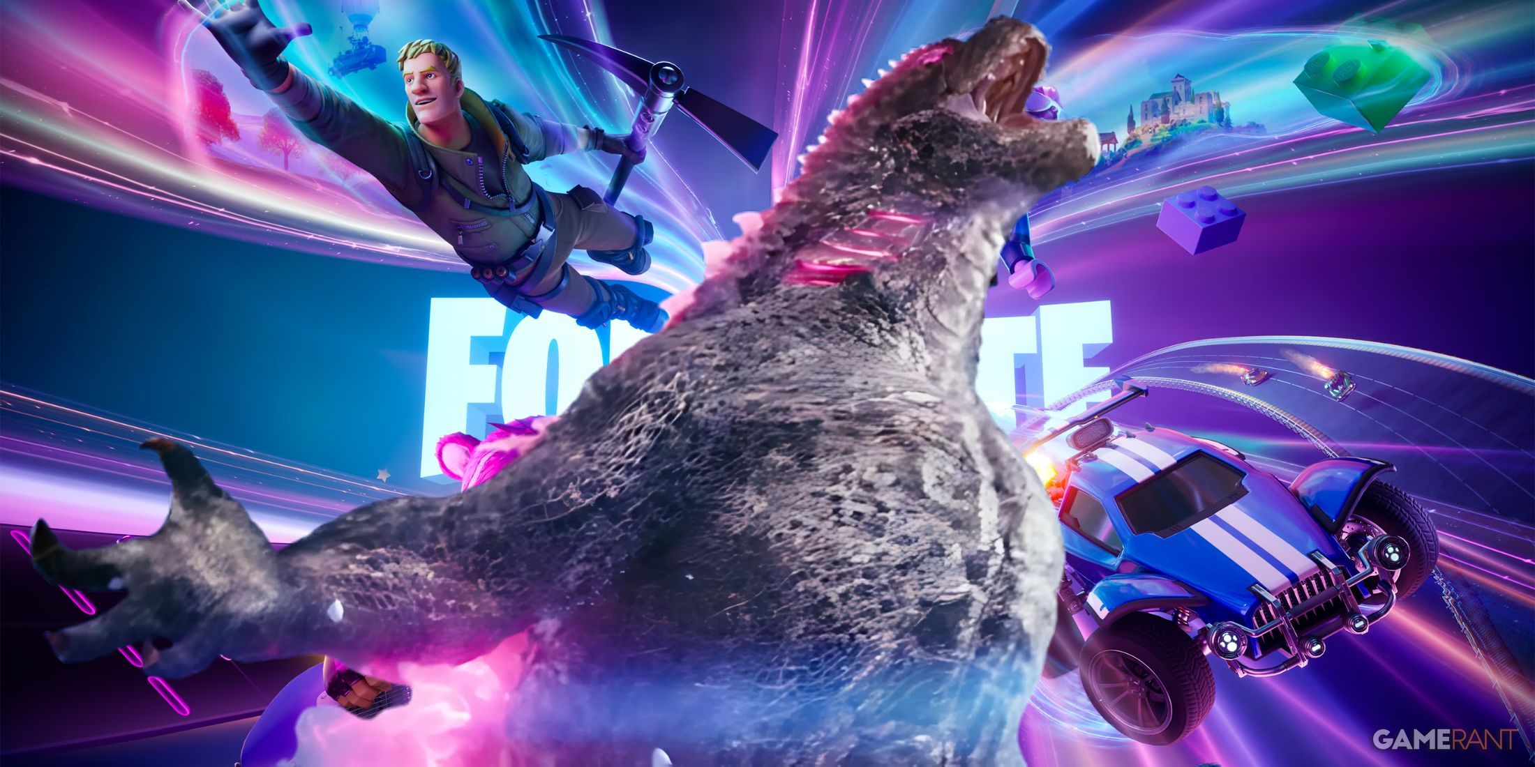 fortnite logo with godzilla jonesy and rocket league octane