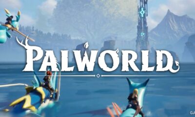 palworld logo riding pals over water