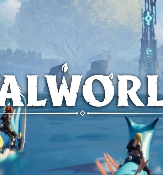 palworld logo riding pals over water