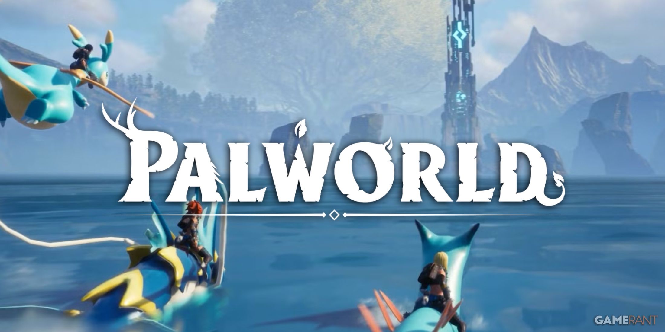 palworld logo riding pals over water