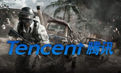 tencent logo over pubg battlegrounds soldiers fighting