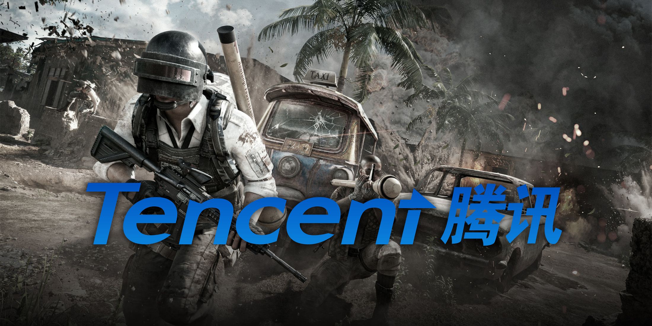 tencent logo over pubg battlegrounds soldiers fighting