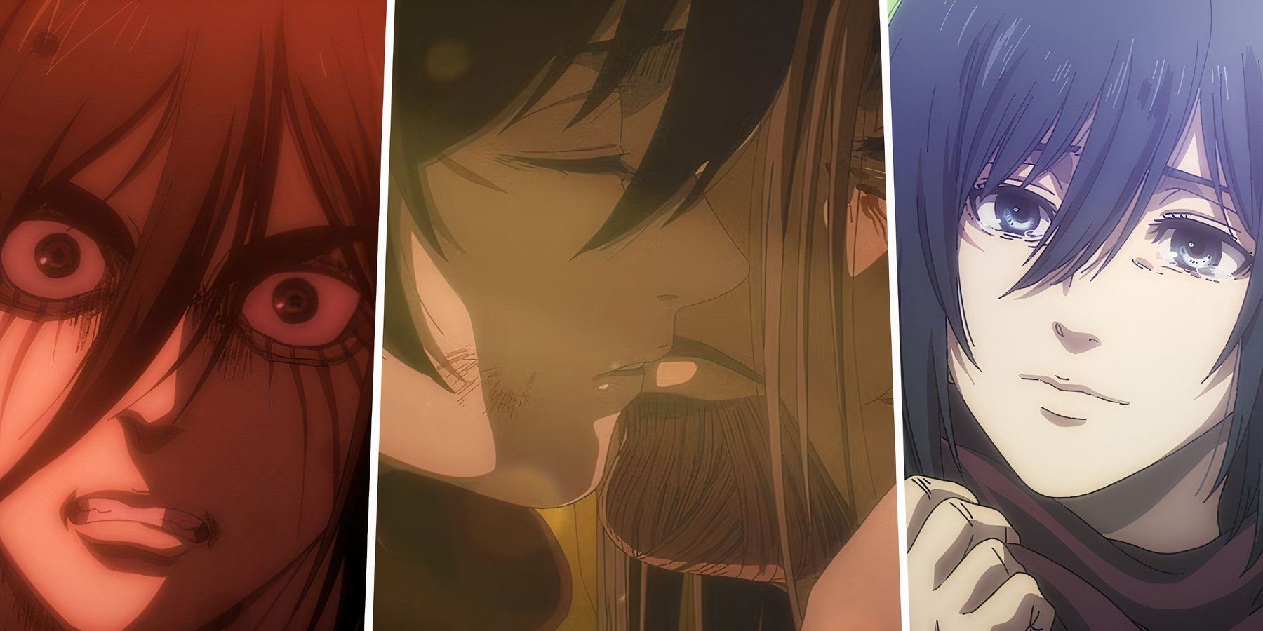 a split image of eren mikasa and them kissing in attack on titan 1