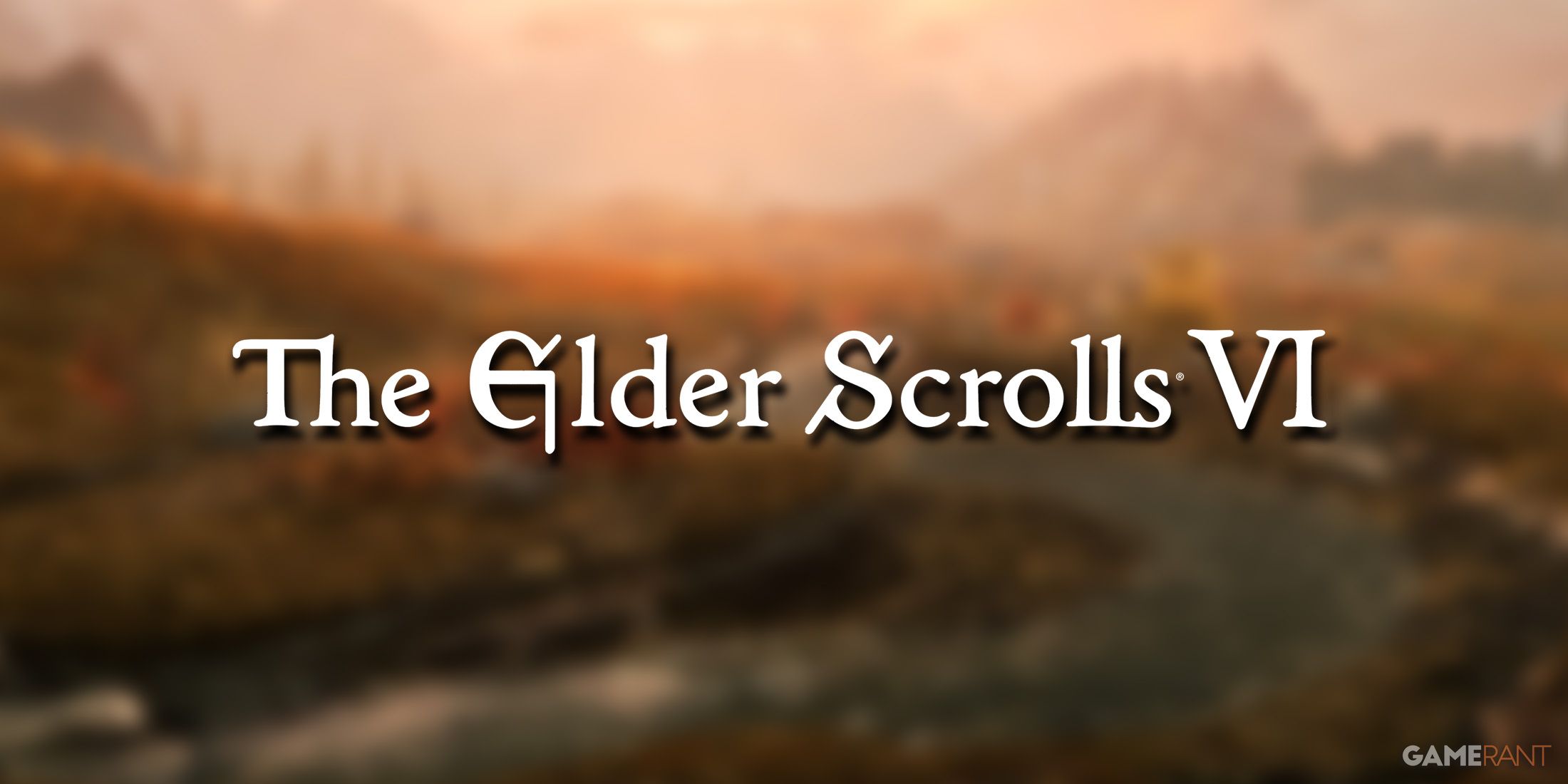 the elder scrolls 6 white logo over blurred landscape sunset